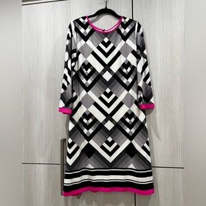 Eliza J Geometric Shift Dress Size 14 Black White Grey Hot Pink Trim Midi